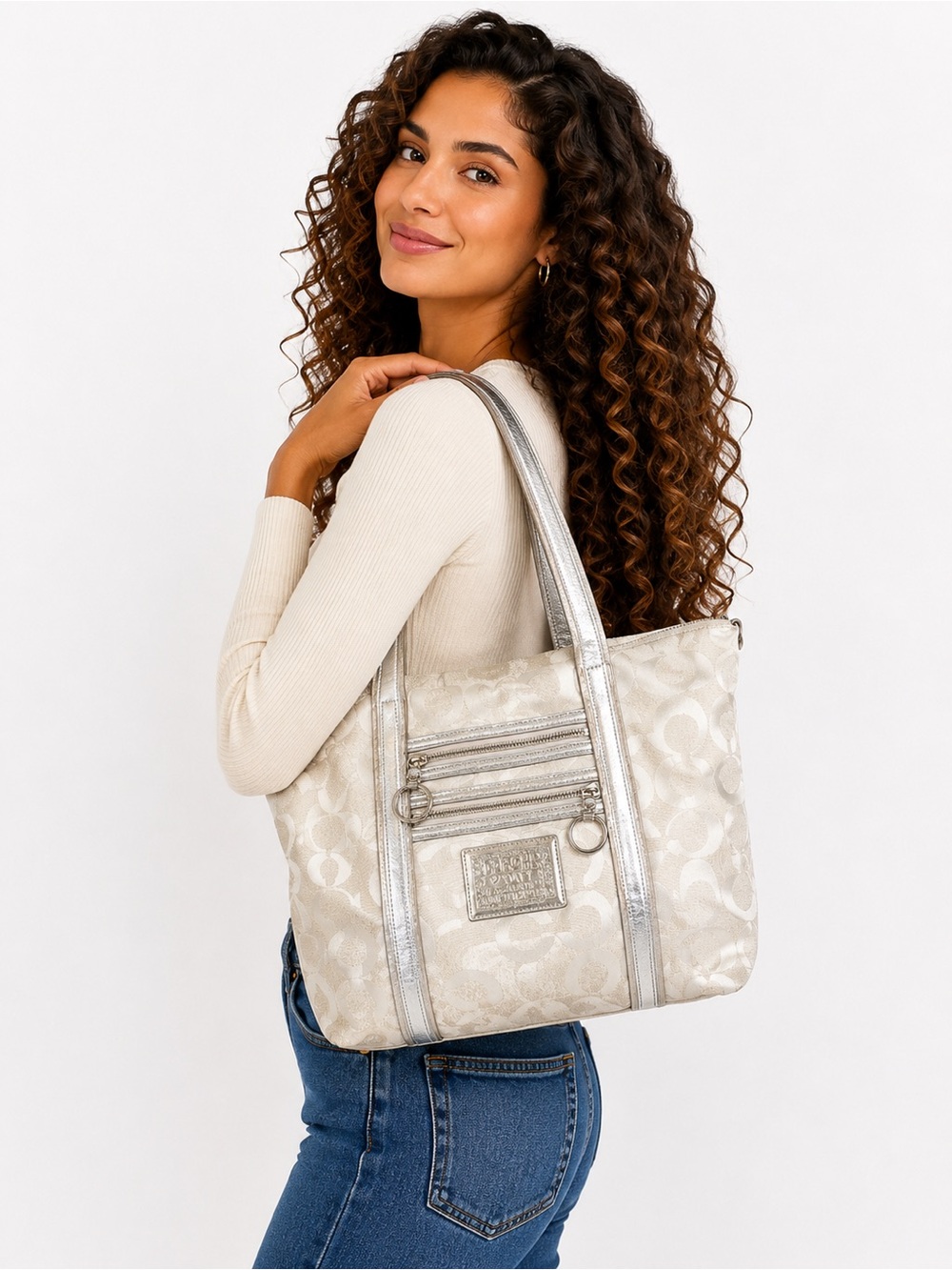 Coach Poppy Silver and Cream Shoulder Bag